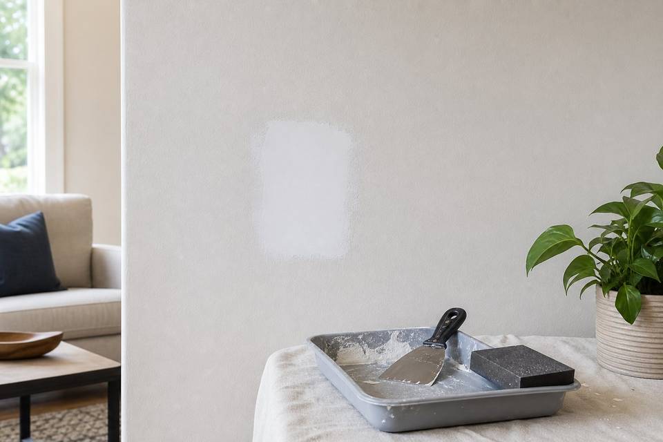 Illustrative small interior drywall patch with joint compound and hand tools