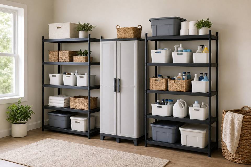 Illustrative freestanding shelves and storage cabinet arranged with household organizers