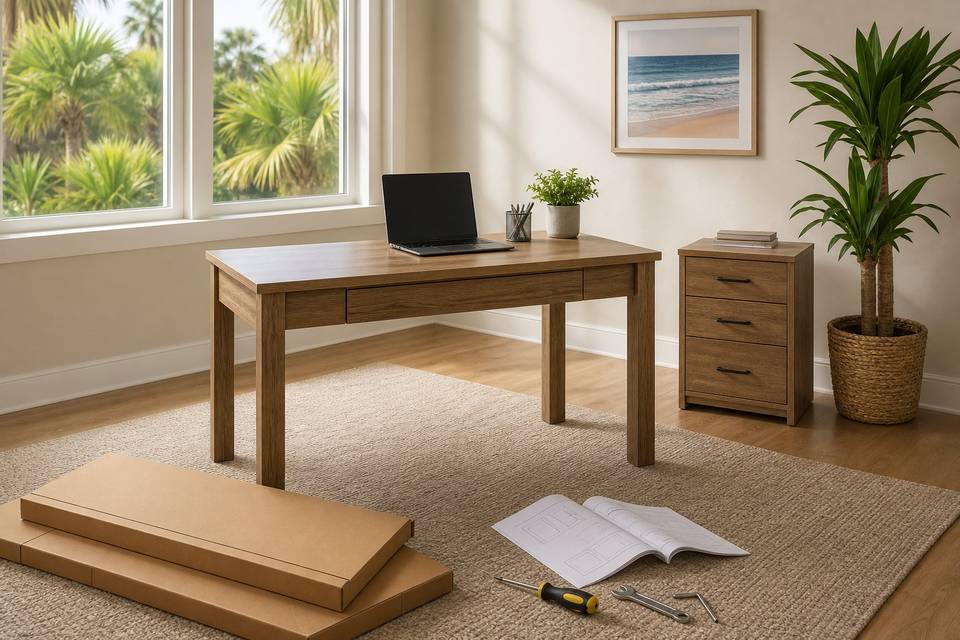 Illustrative boxed furniture assembly scene with a freestanding desk, cabinet, instructions, and hand tools