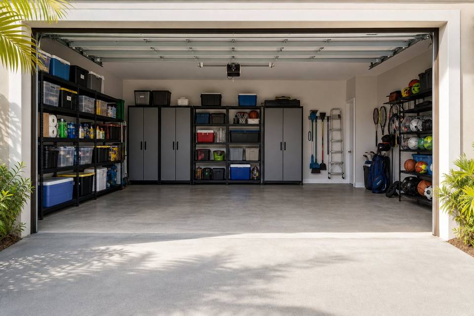 Illustrative clean, well-organized residential garage with freestanding shelves and cabinets