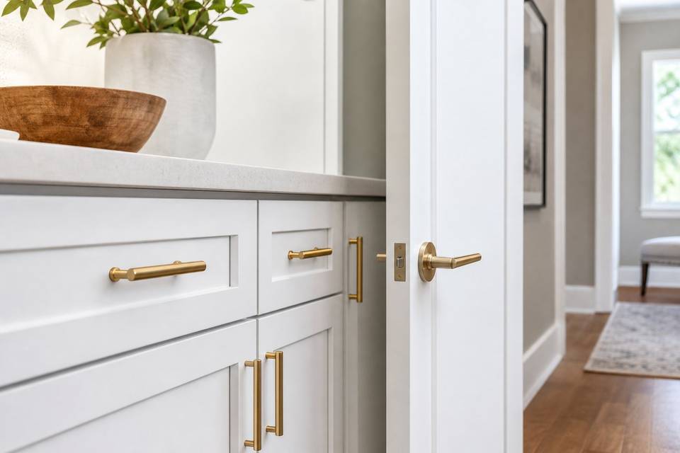 Illustrative interior door lever and coordinated cabinet pull hardware