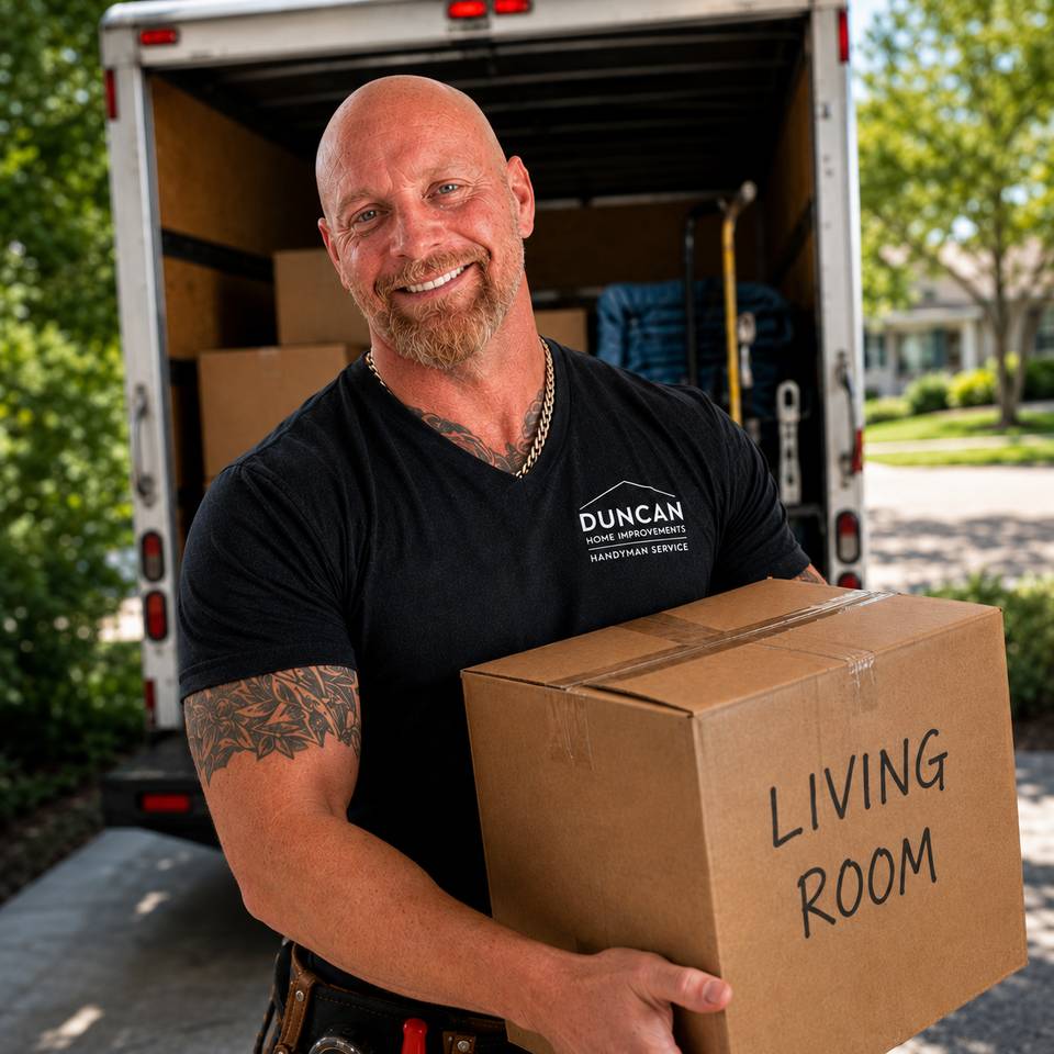 Illustrative labor-assistance scene with a worker holding a box beside a customer-provided moving truck