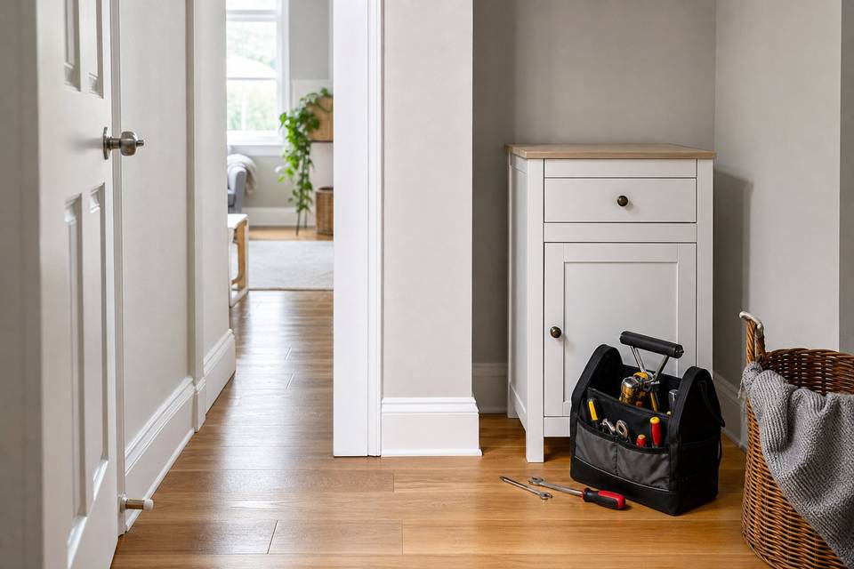 Illustrative small household repair scene with an interior door, freestanding cabinet, and hand-tool bag