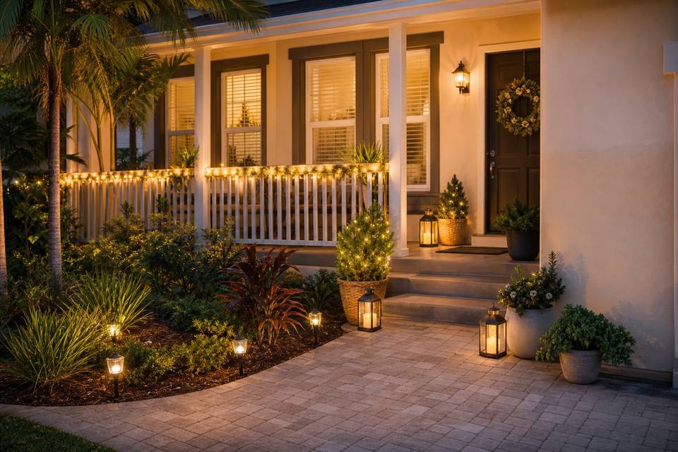 Illustrative ground-level porch with temporary seasonal string lights and freestanding decor